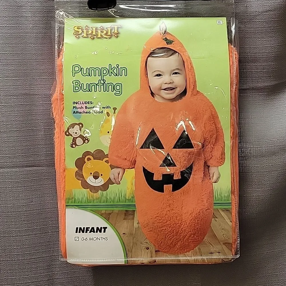 Spirit Halloween PUMPKIN BUNTING Hooded Fuzzy Costume SZ 0-6 MONTH